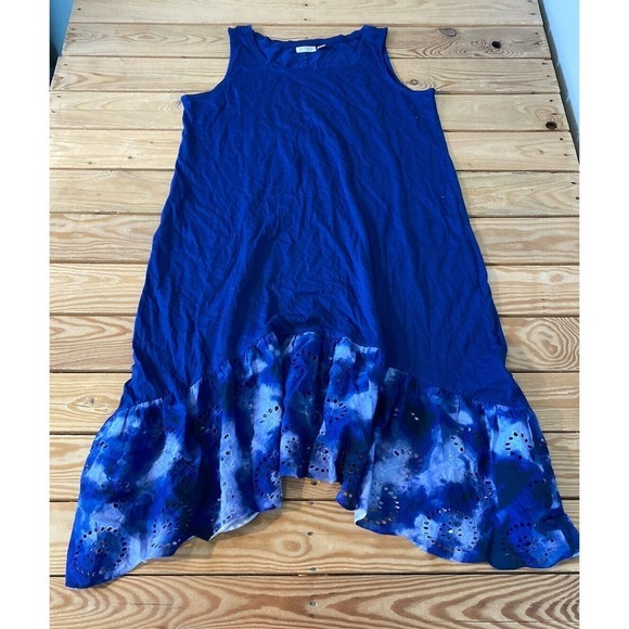 NEW LOGO by Lori Goldstein Eyelet Shark Hem Tank Dress Petite Medium MP Blue - Picture 1 of 7
